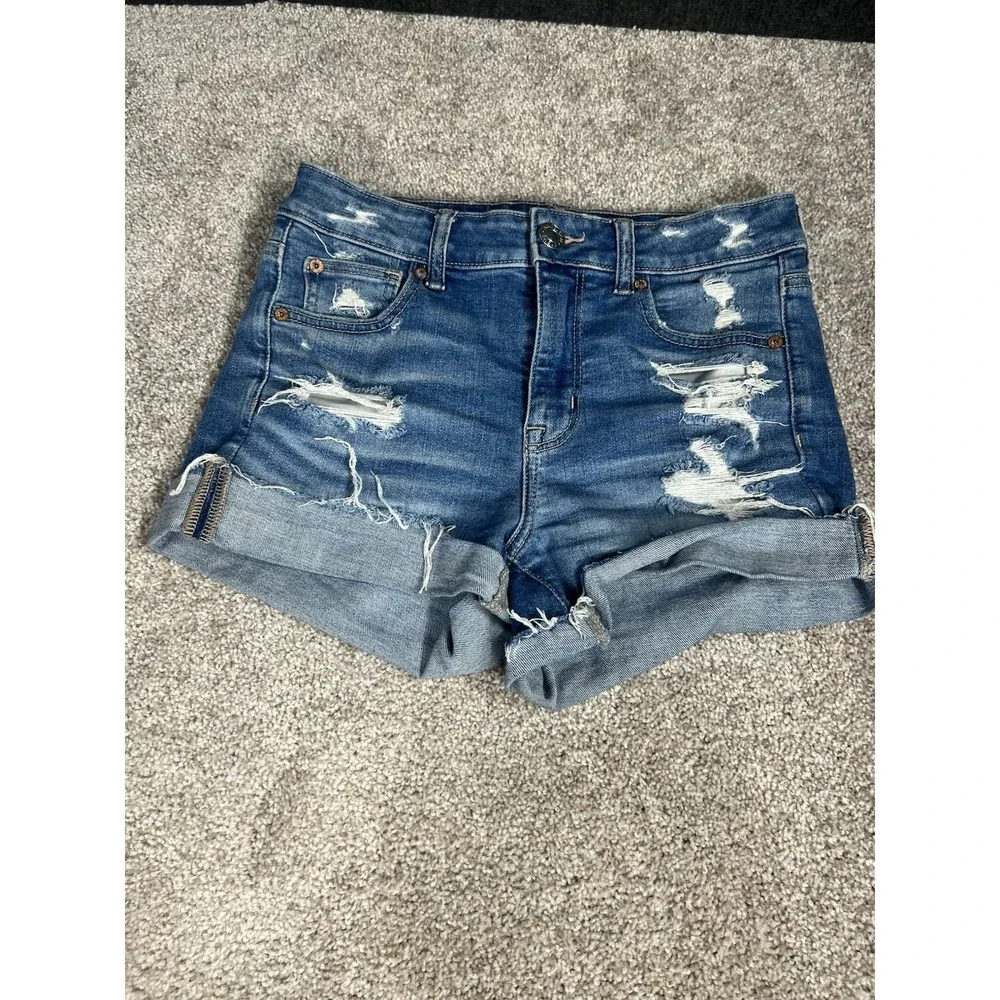 American Eagle Dark Wash Rolled Distressed Jean Shorts Size 4 - Picture 1 of 4